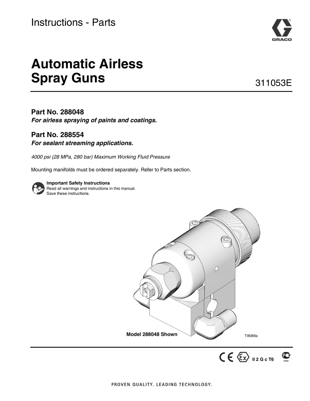 Graco Inc 311053E, 288554 important safety instructions Automatic Airless Spray Guns, Model 288048 Shown 