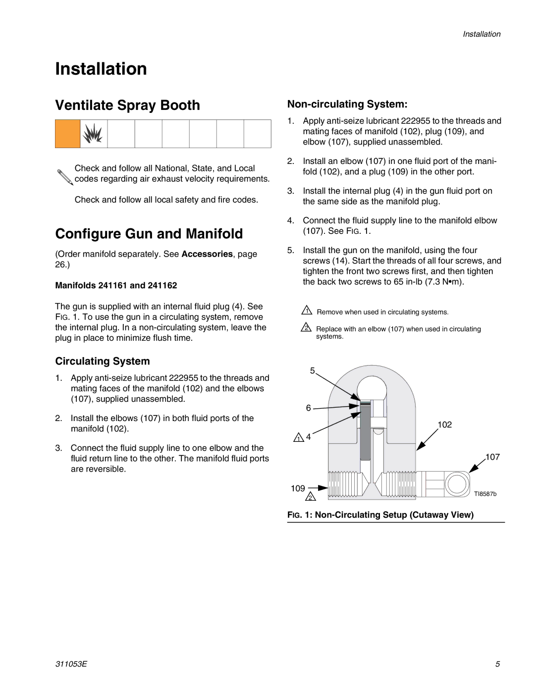 Graco Inc 288048, 288554, 311053E Installation, Ventilate Spray Booth, Configure Gun and Manifold, Non-circulating System 