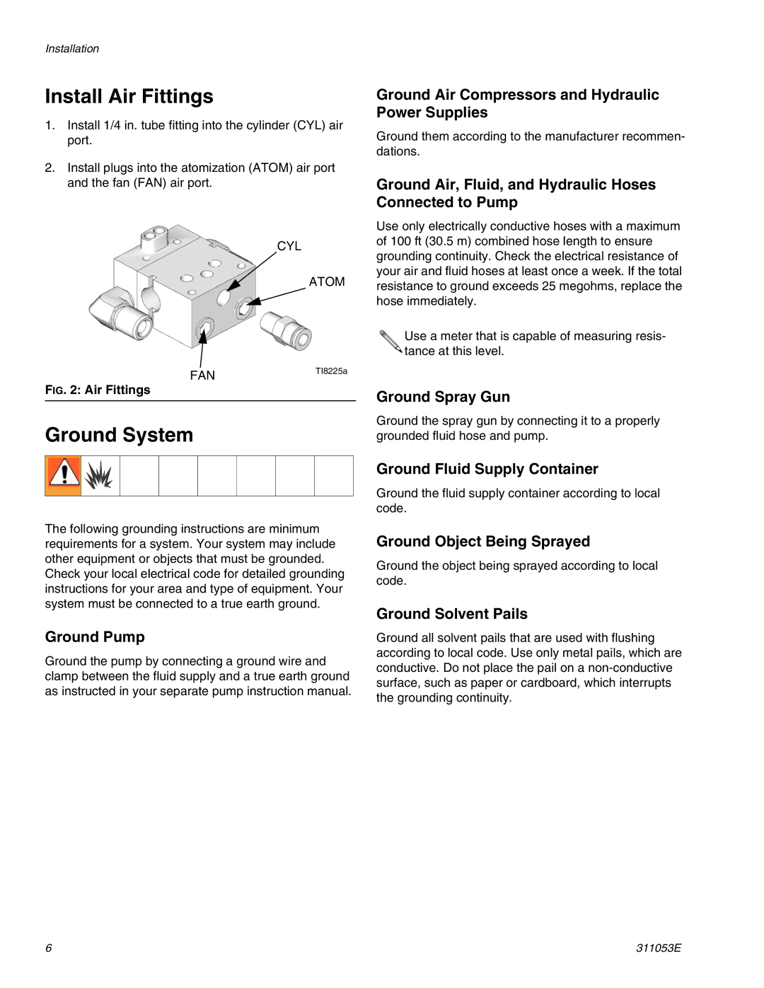 Graco Inc 288554, 311053E, 288048 important safety instructions Install Air Fittings, Ground System 