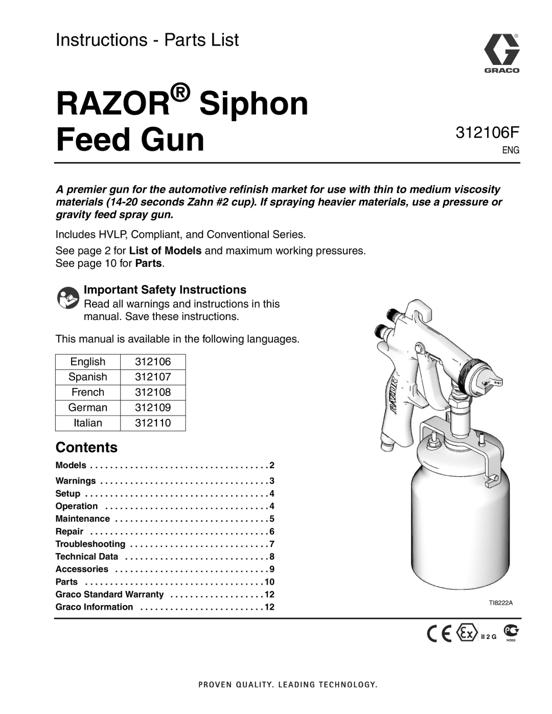 Graco Inc 288595, 288592, 288593, 288597, 288594, 288591, 288598 important safety instructions Razor Siphon Feed Gun, Contents 