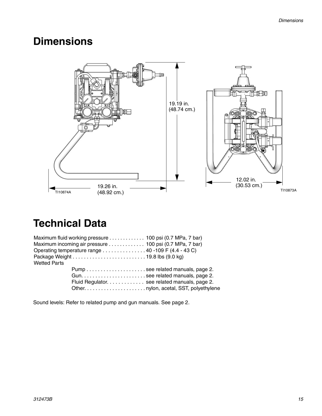 Graco Inc TI10823A, 289353, 289354, 312473B important safety instructions Dimensions, Technical Data 