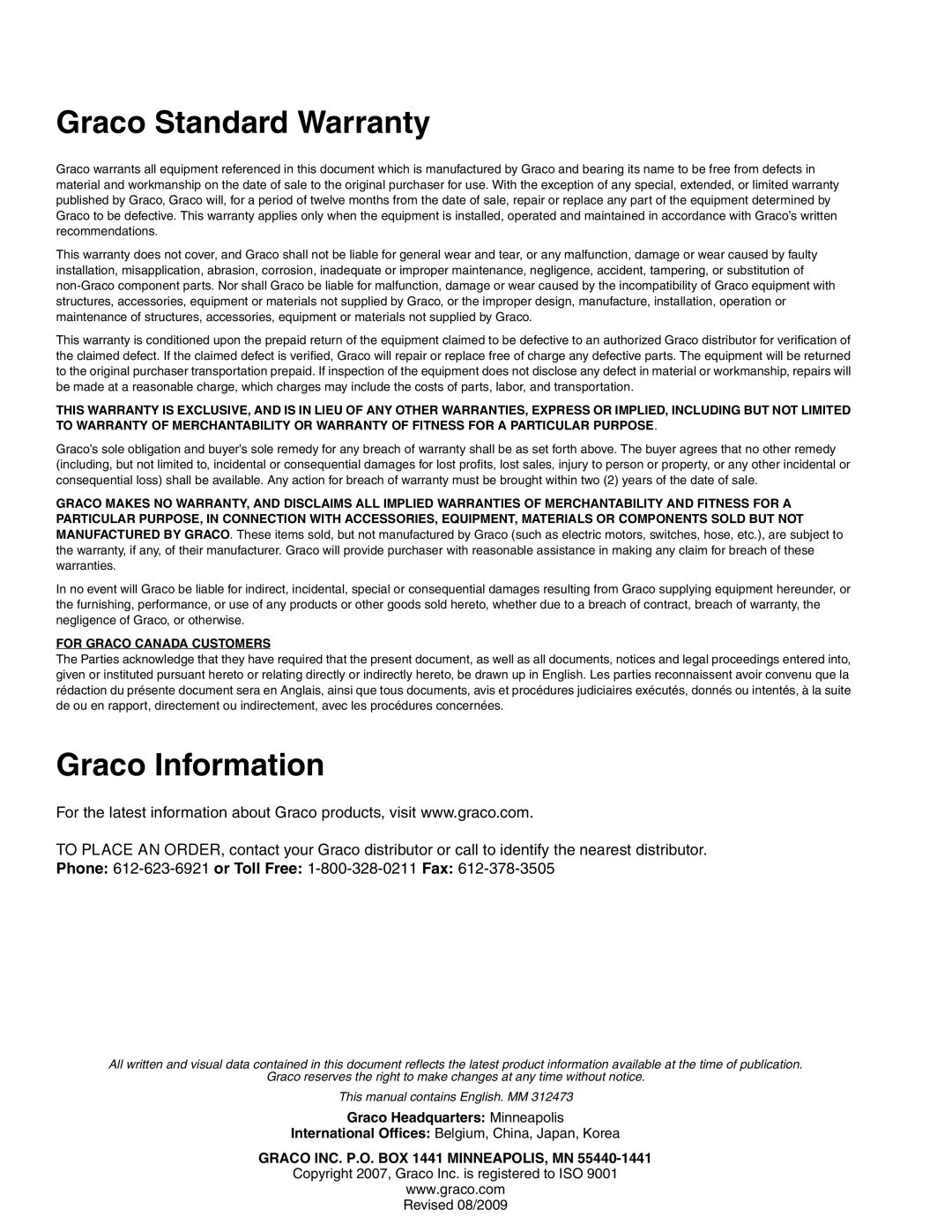 Graco Inc 289353, 289354, 312473B, TI10823A important safety instructions Graco Standard Warranty, Graco Information 