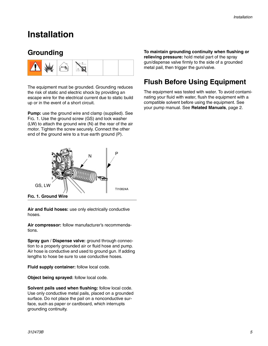 Graco Inc 289354, 289353, 312473B, TI10823A important safety instructions Installation, Grounding 