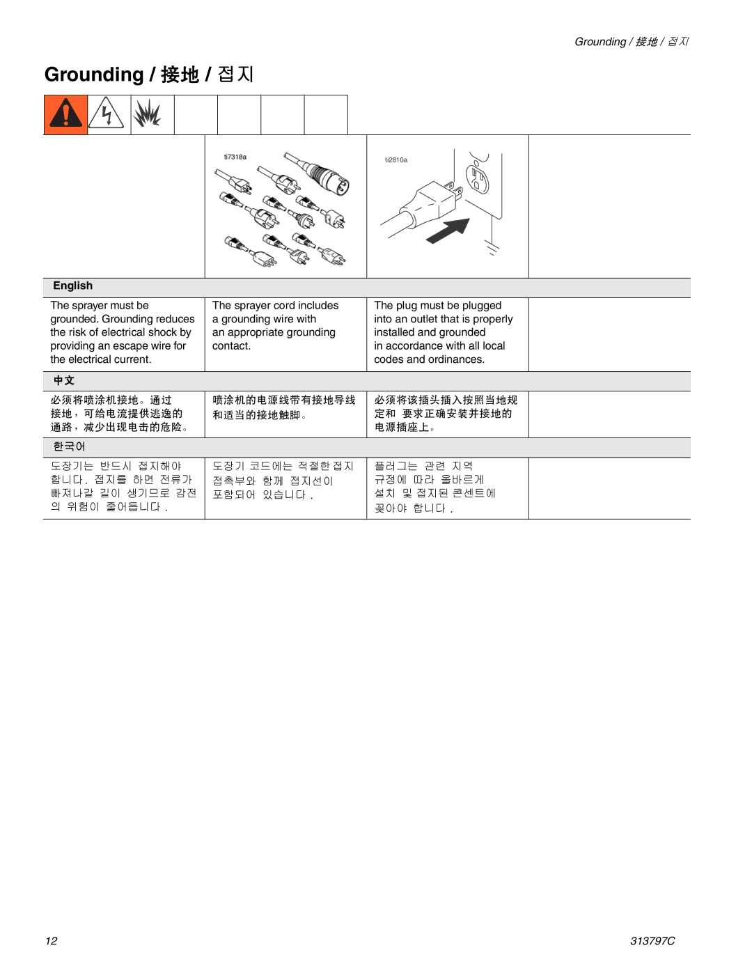 Graco Inc 290, 313797C important safety instructions Grounding / 接地 / 접지, English, 한국어 