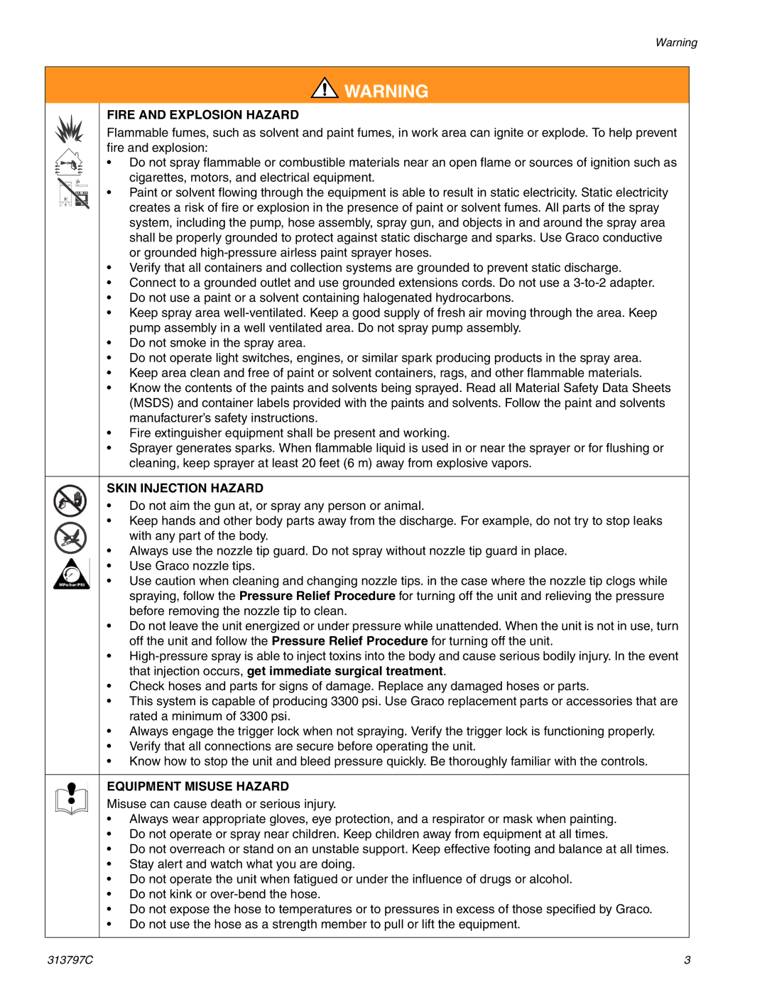 Graco Inc 313797C, 290 important safety instructions Fire and Explosion Hazard 