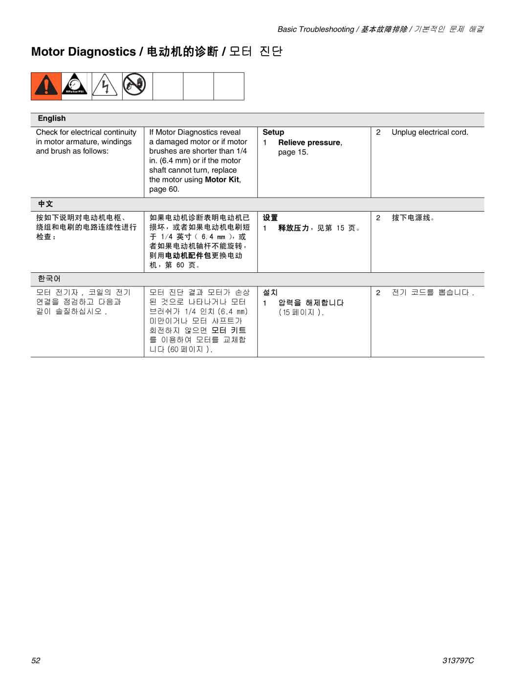 Graco Inc 290, 313797C Motor Diagnostics / 电动机的诊断 / 모터 진단, Setup, Relieve pressure, 释放压力，见第, 압력을 해제합니다 