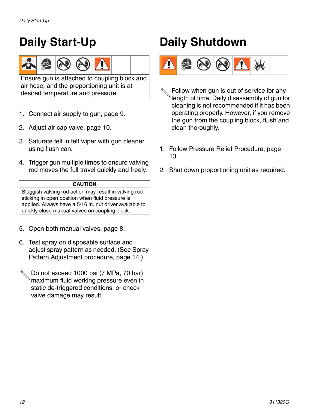 Graco Inc 295530, 295531, 295532, 311320G, 295533, Model D important safety instructions Daily Start-Up, Daily Shutdown 