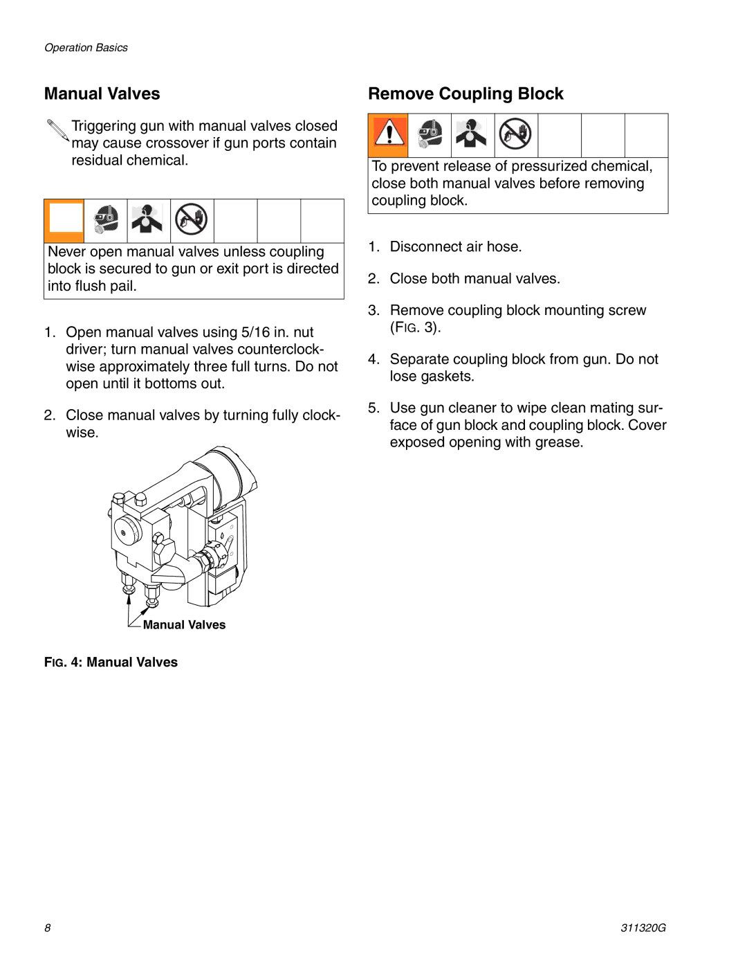 Graco Inc 295532, 295530, 295531, 311320G, 295533, Model D important safety instructions Manual Valves, Remove Coupling Block 