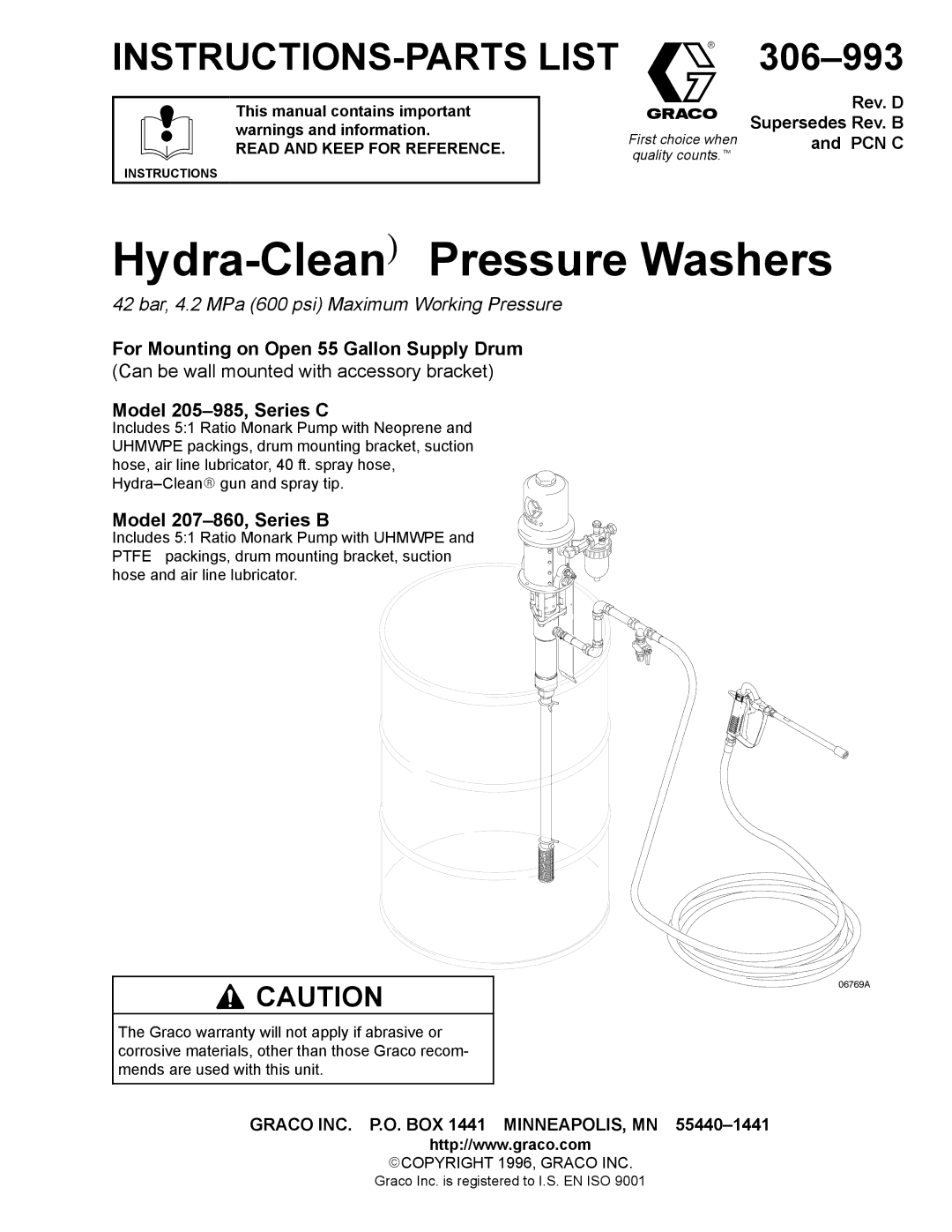 Graco Inc warranty For Mounting on Open 55 Gallon Supply Drum, Model 205-985, Series C, Model 207-860, Series B 