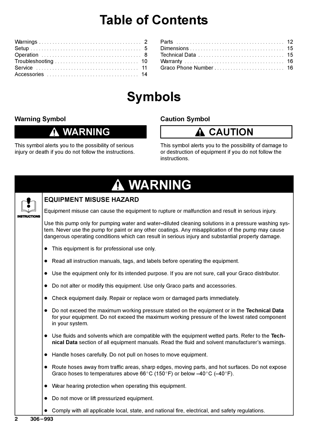 Graco Inc 205-985, 306-993, 207-860 warranty Table of Contents, Symbols 