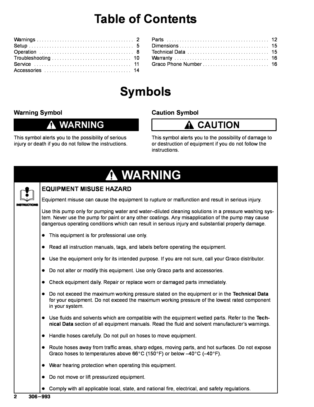 Graco Inc 205-985, 306-993, 207-860 Table of Contents, Symbols, Warning Symbol, Caution Symbol, Equipment Misuse Hazard 
