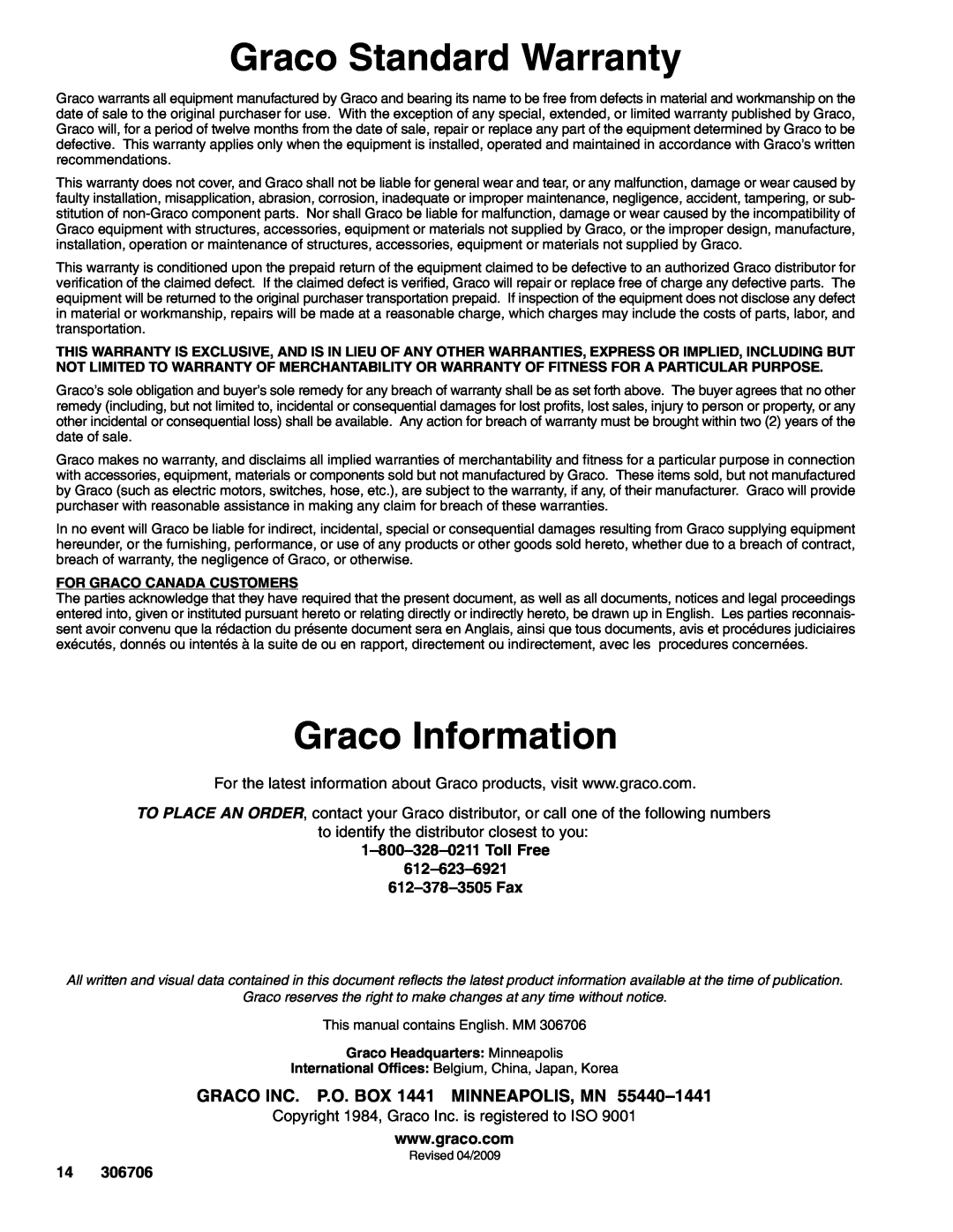 Graco Inc 231063, 306706W Graco Standard Warranty, Graco Information, GRACO INC. P.O. BOX 1441 MINNEAPOLIS, MN 