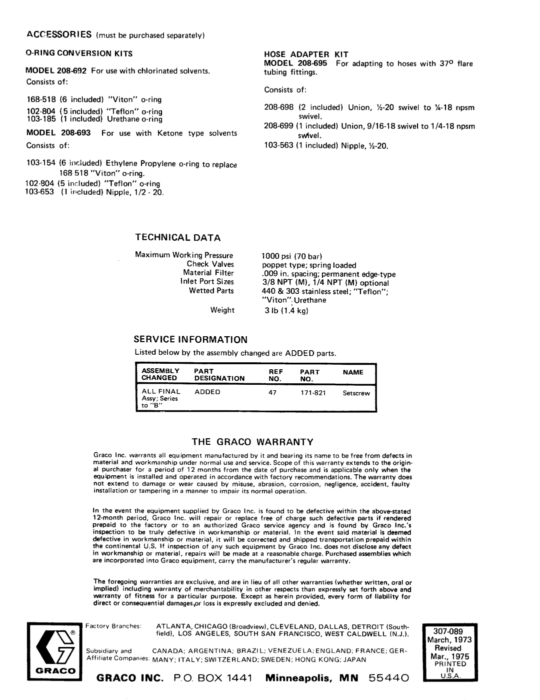 Graco Inc 307-089, 208-644, 208-749, 208-748 manual 