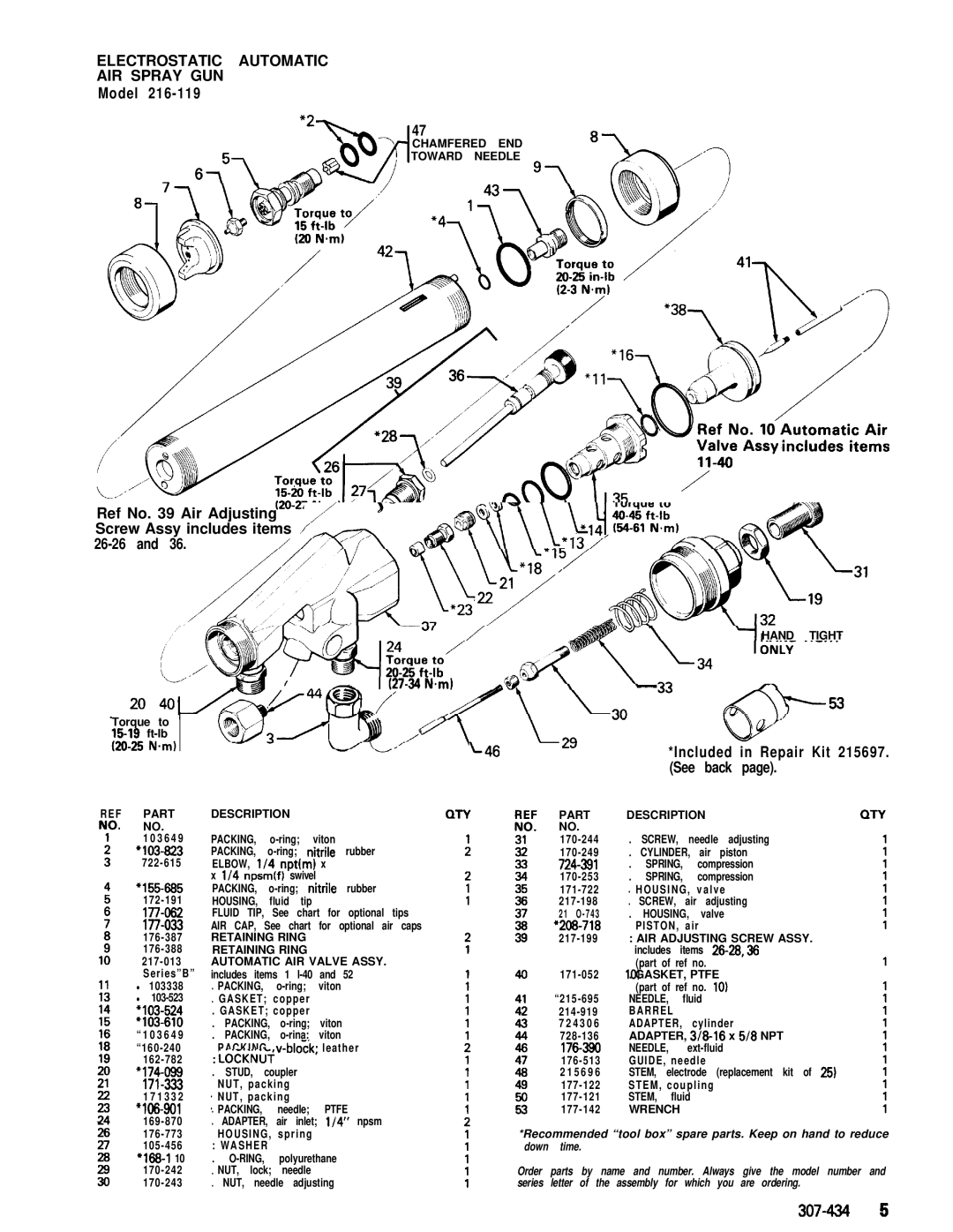 Graco Inc 216-119 Electrostatic Automatic AIR Spray GUN, Model, Ref No Air Adjusting Screw Assy includes items / 26-26 