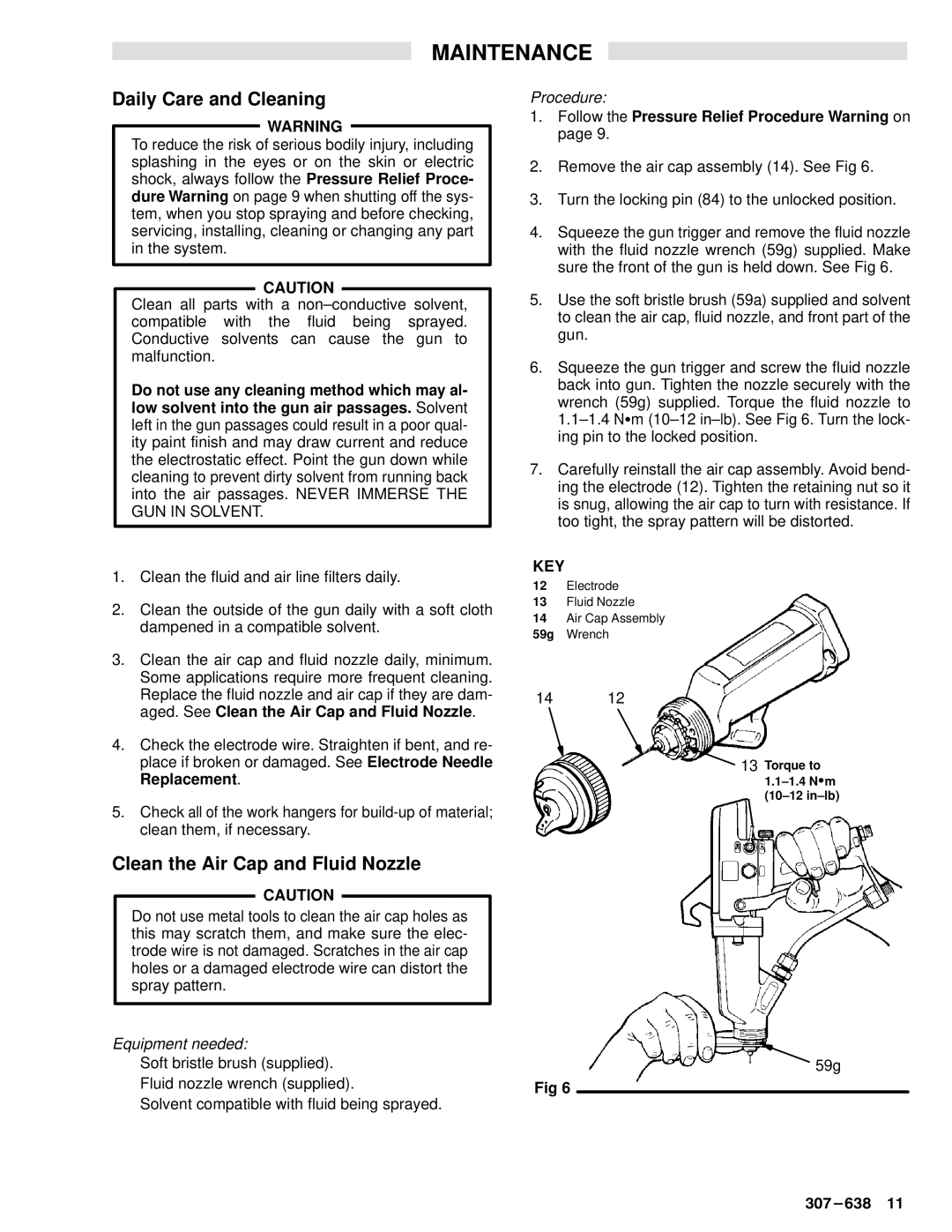 Graco Inc PRO4000, 307-638, 218-026 manual Maintenance, Daily Care and Cleaning, Clean the Air Cap and Fluid Nozzle, 59g 