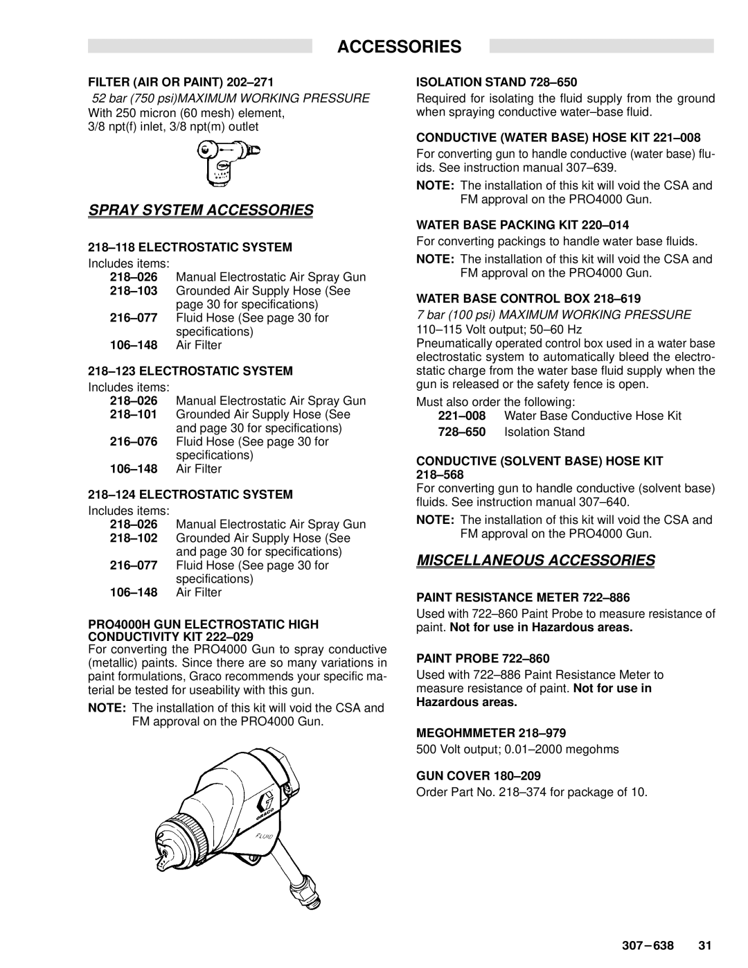 Graco Inc 218-026, 307-638, PRO4000 Filter AIR or Paint 202±271, 218±123 Electrostatic System, 218±124 Electrostatic System 
