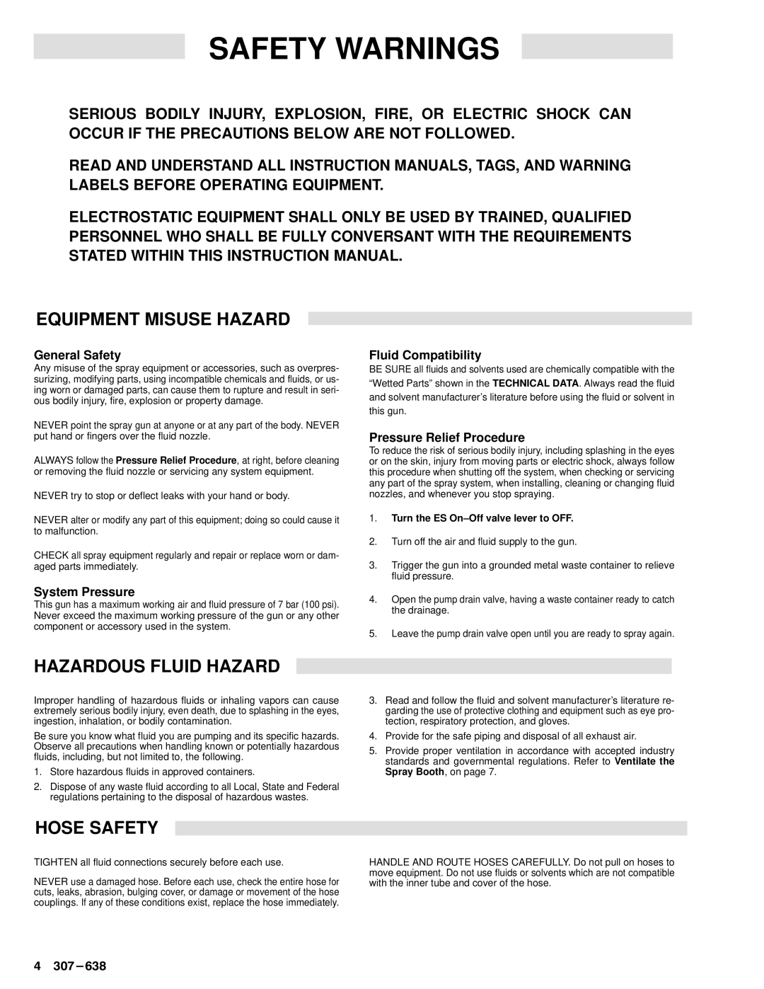 Graco Inc 218-026, 307-638, PRO4000 manual Equipment Misuse Hazard, Hazardous Fluid Hazard, Hose Safety 