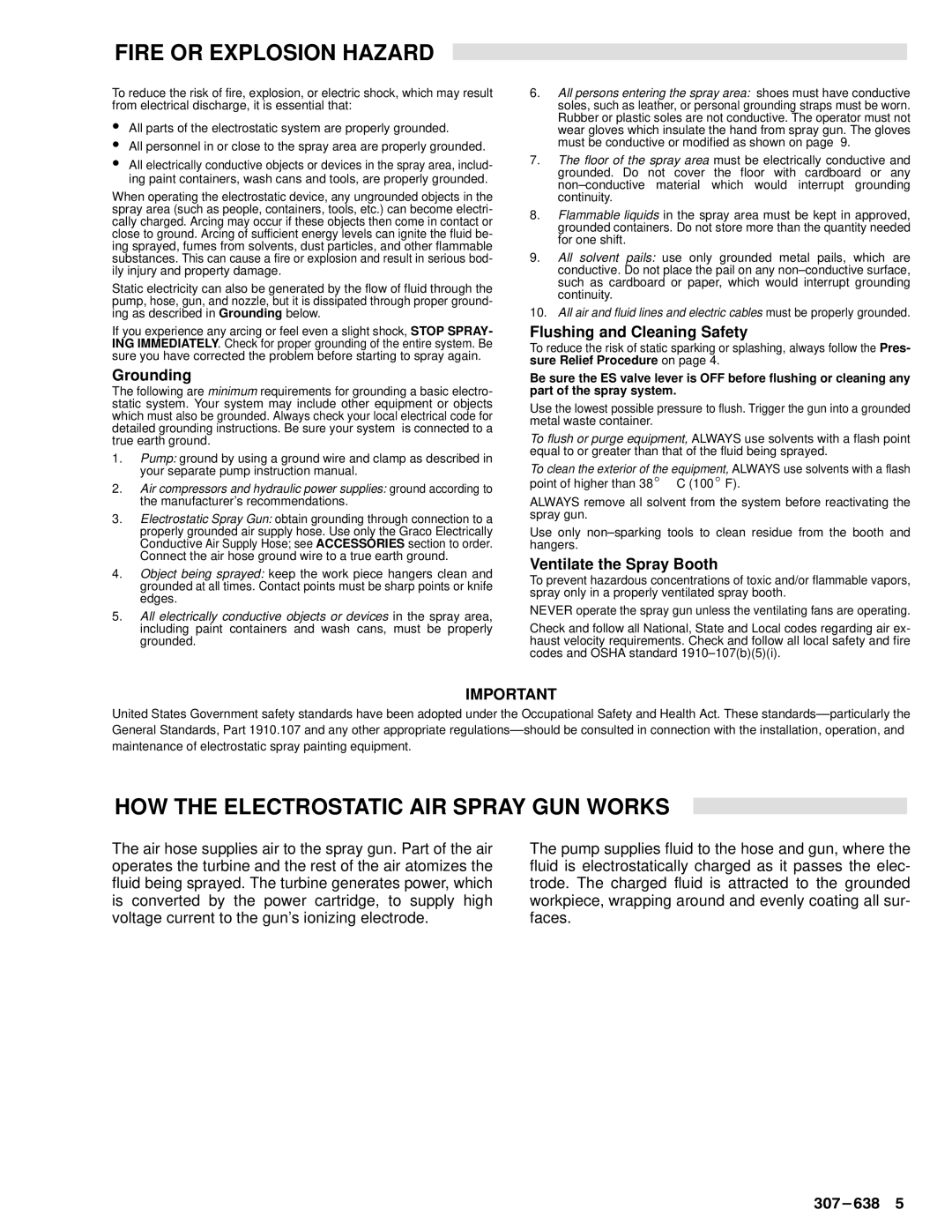 Graco Inc PRO4000, 307-638, 218-026 manual Fire or Explosion Hazard, HOW the Electrostatic AIR Spray GUN Works, Grounding 