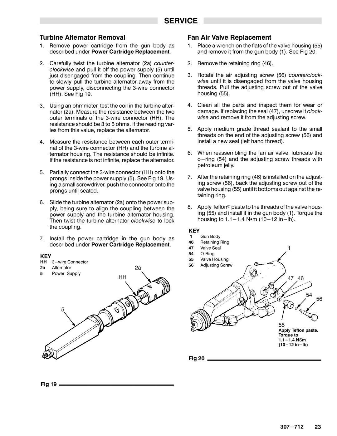 Graco Inc 218-745, 307-712, PRO 5000 manual Turbine Alternator RemovalFan Air Valve Replacement 