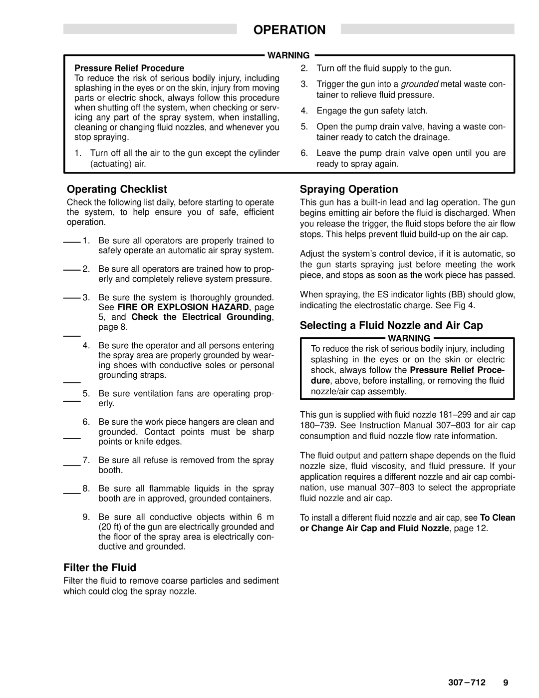 Graco Inc 307-712 Operating Checklist, Filter the Fluid, Spraying Operation, Selecting a Fluid Nozzle and Air Cap 