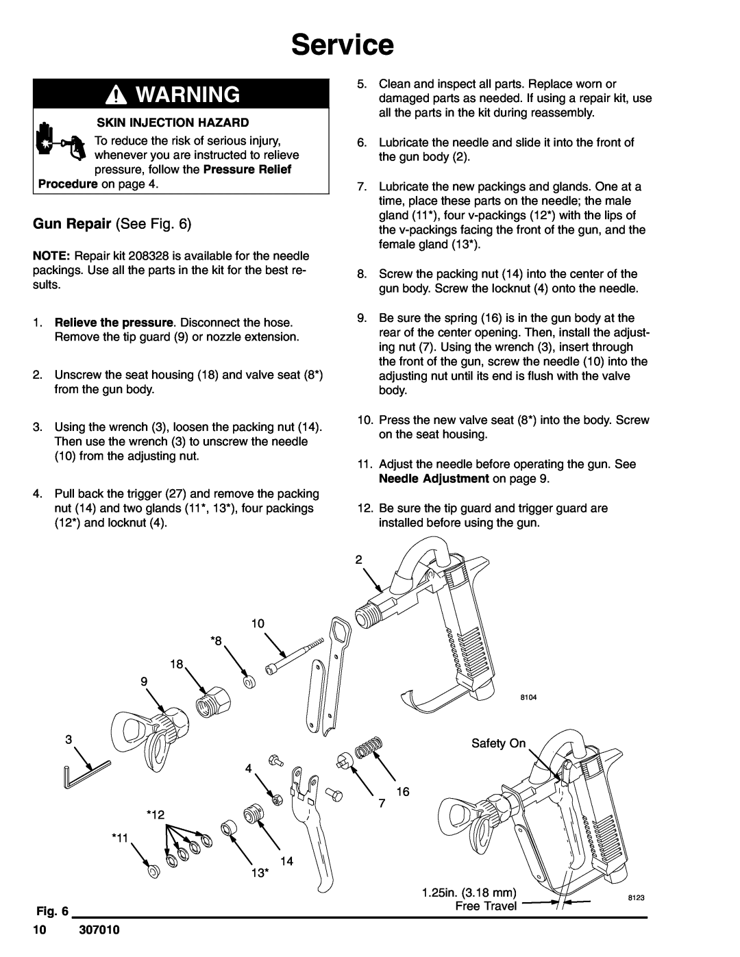 Graco Inc 307010L, 208008 important safety instructions Service, Gun Repair See Fig 