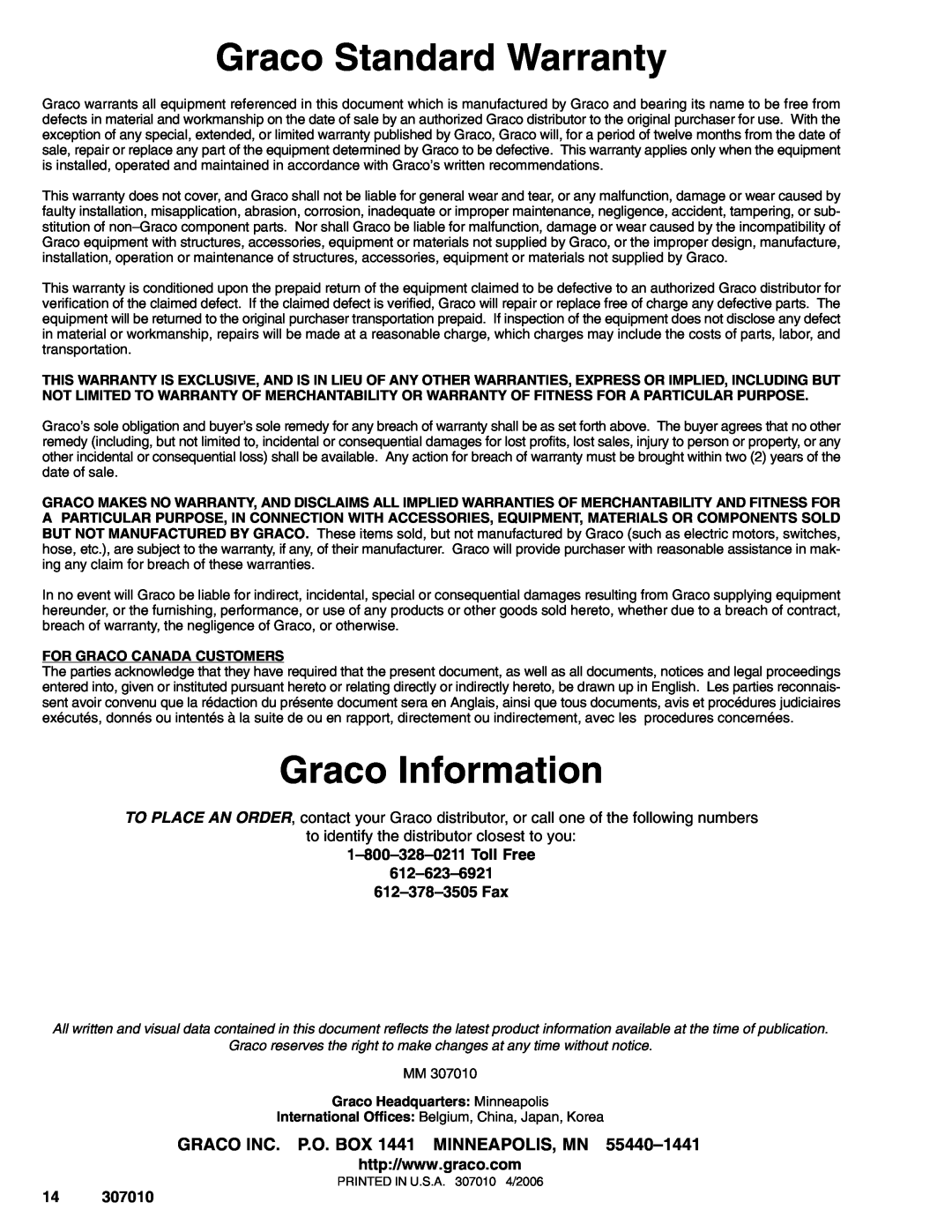 Graco Inc 307010L, 208008 Graco Standard Warranty, Graco Information, GRACO INC. P.O. BOX 1441 MINNEAPOLIS, MN 