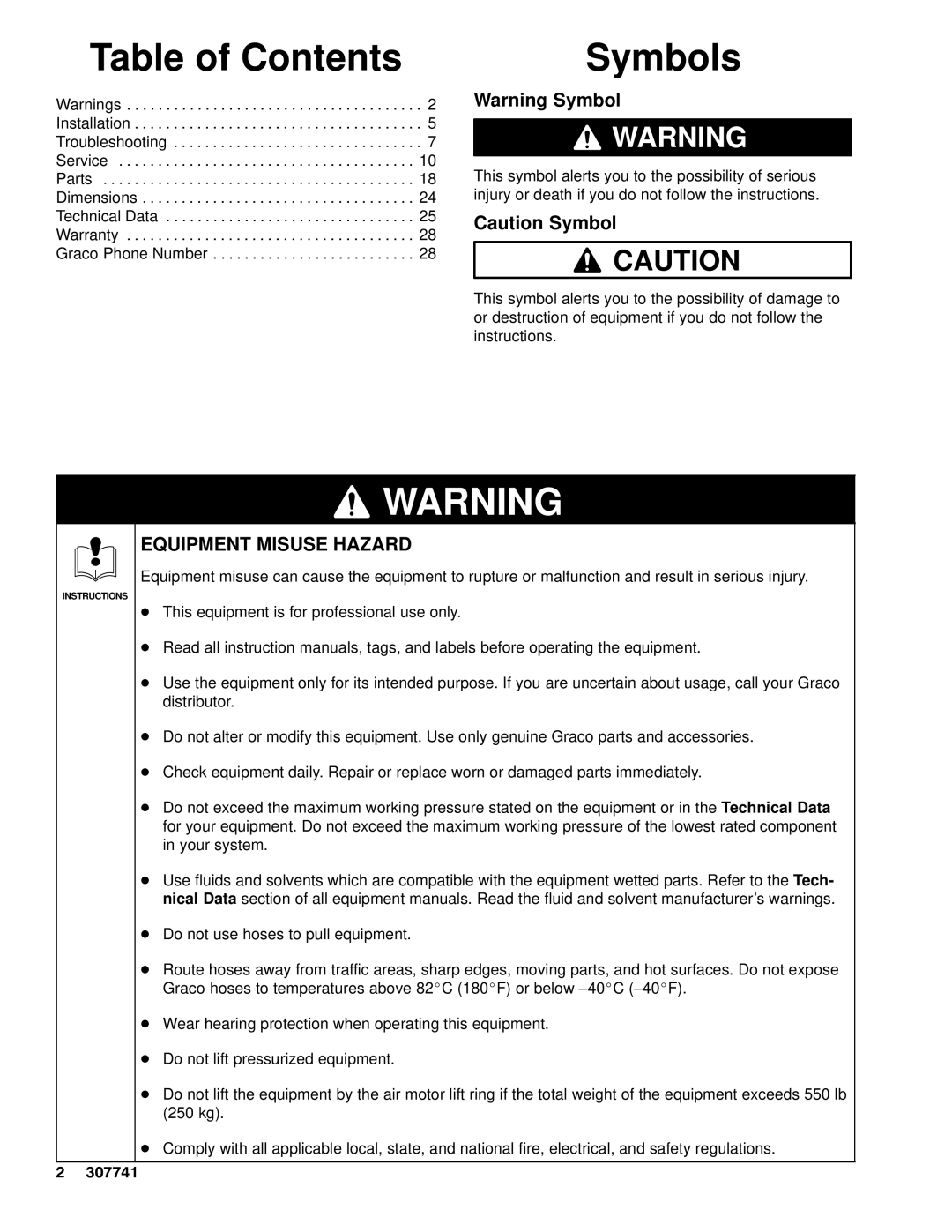 Graco Inc 235525, 307741, 237000, 220106, 03695A manual Table of Contents, Symbols 