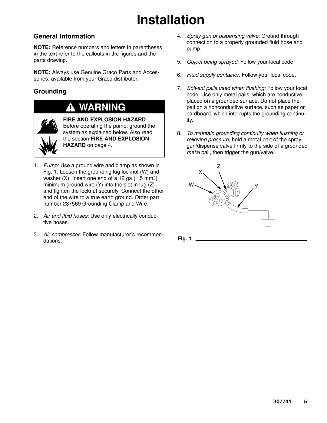 Graco Inc 307741, 237000, 235525, 220106, 03695A manual Installation, General Information Grounding 