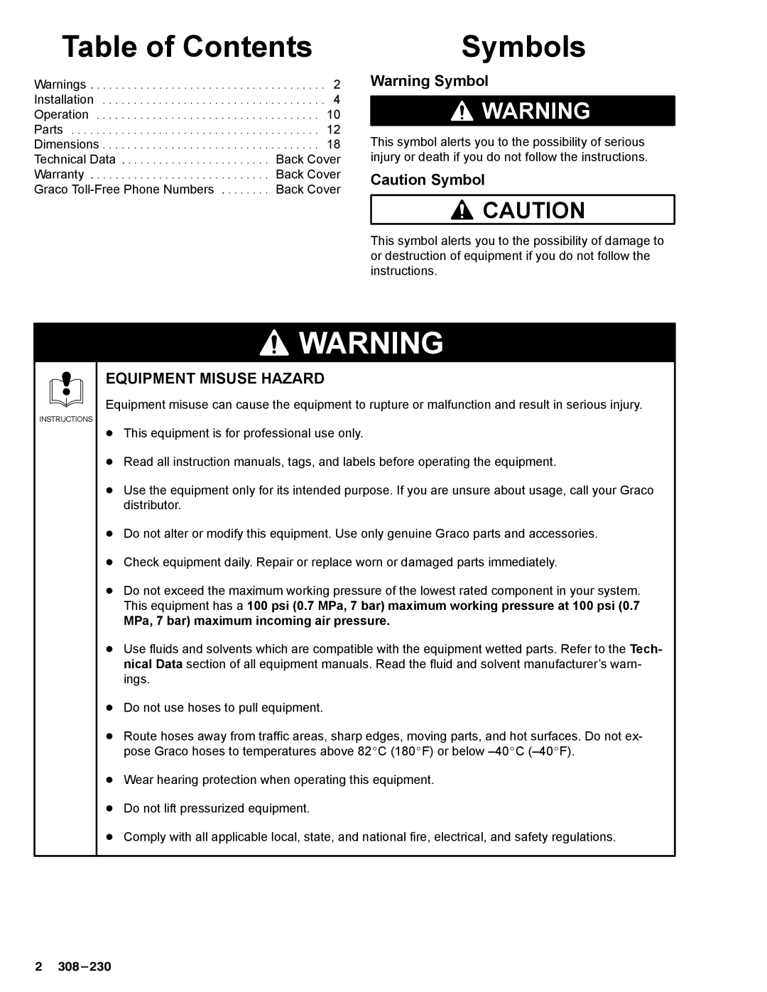 Graco Inc 236-868, 308-230, 236-628, 236-870, 236-414, 236-869, 236-412, 224-833 manual Table of Contents, Symbols 