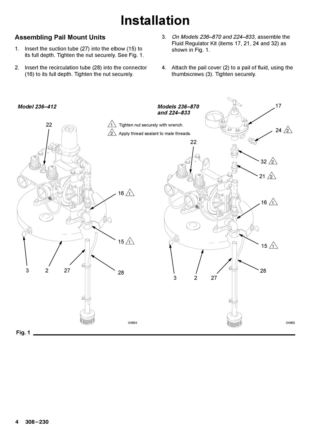 Graco Inc 236-414, 308-230, 236-628, 236-868, 236-870, 236-869, 236-412, 224-833 manual Installation, Assembling Pail Mount Units 