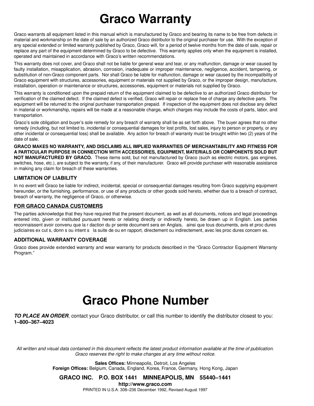 Graco Inc 235-463, 308-236, 237-695 Graco Warranty, Graco Phone Number, Limitation of Liability, For Graco Canada Customers 
