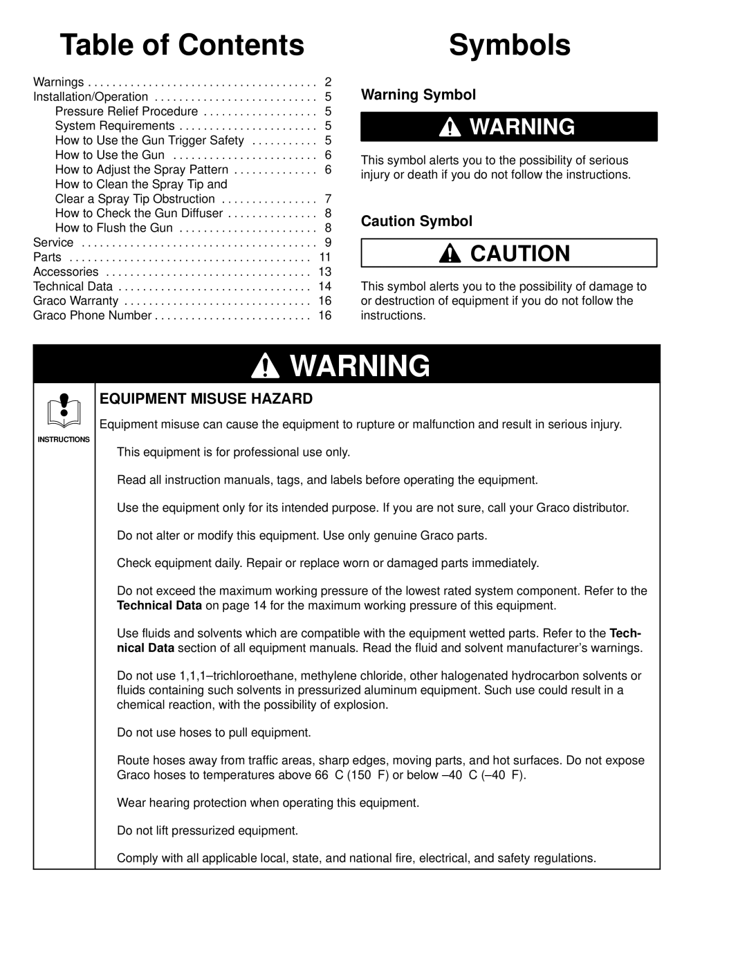 Graco Inc 236-531, 308-236, 237-695, 238-966, 235-463, Series D manual Table of Contents, Symbols 