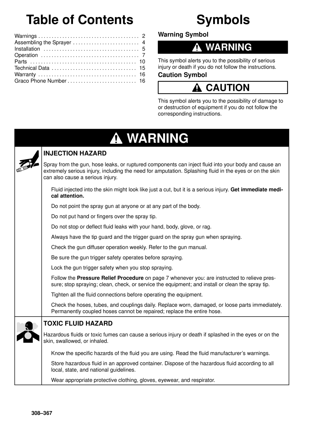 Graco Inc 236723, 308-367, 236721, 236722, 03289A manual Table of Contents, Symbols 