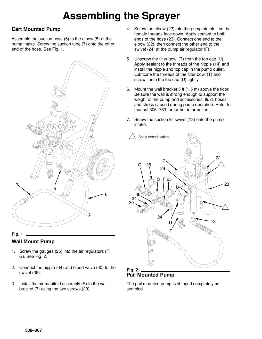 Graco Inc 03289A, 308-367, 236721, 236723 manual Assembling the Sprayer, Cart Mounted Pump, Wall Mount Pump, Pail Mounted Pump 