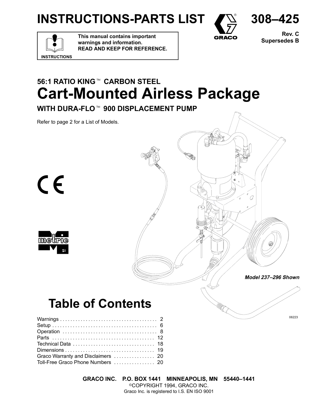 Graco Inc 237-296, 308-425 dimensions INSTRUCTIONS-PARTS List, Table of Contents 