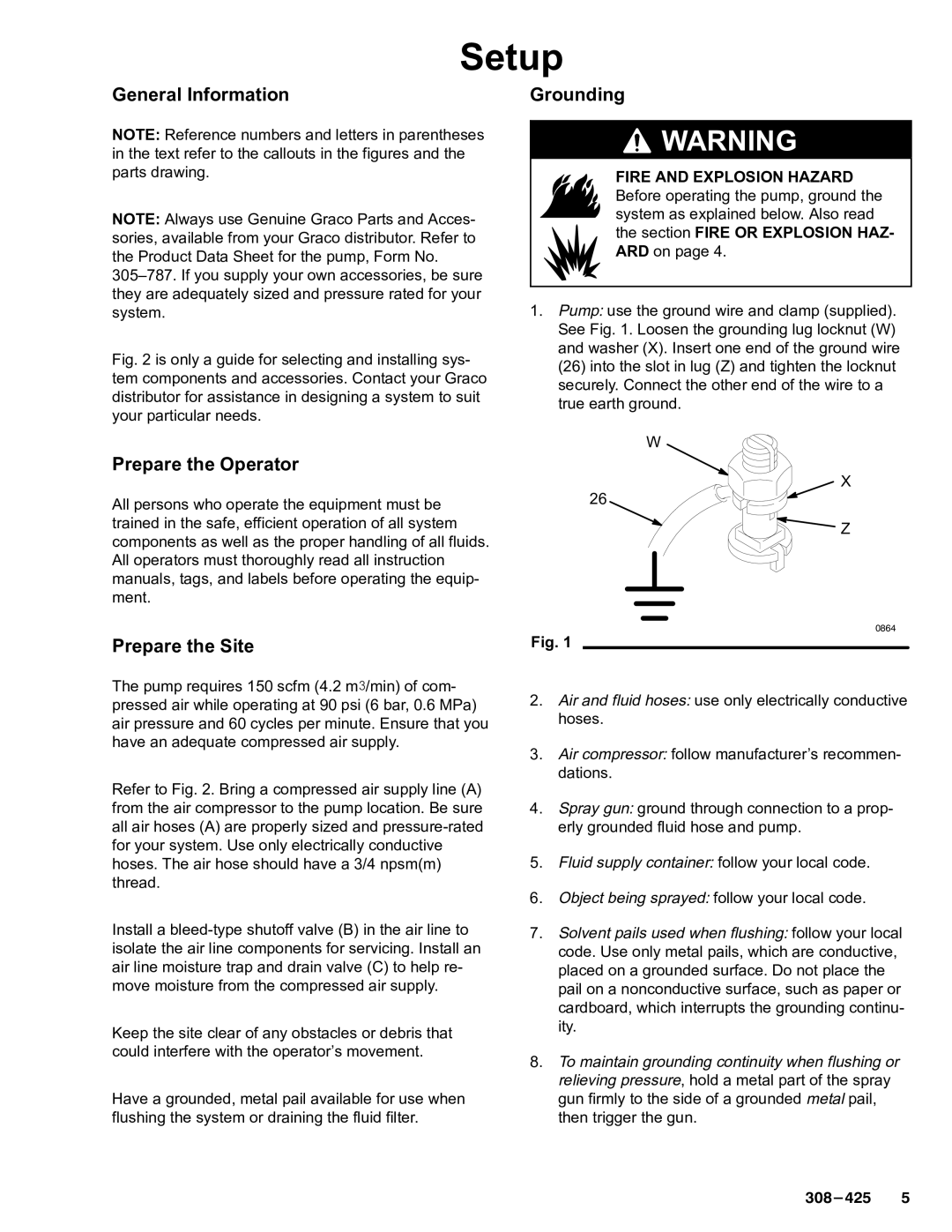 Graco Inc 237-296, 308-425 dimensions Setup, General Information, Prepare the Operator Prepare the Site Grounding 