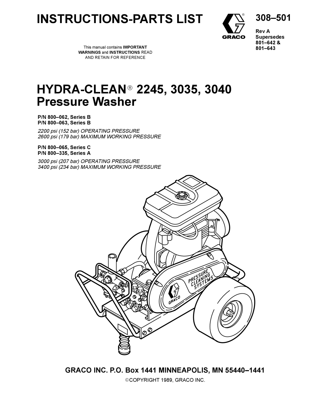 Graco Inc 800-063, 308-501, 800-062, 800-065, 800-335, 3035, 2245 manual INSTRUCTIONS-PARTS List 