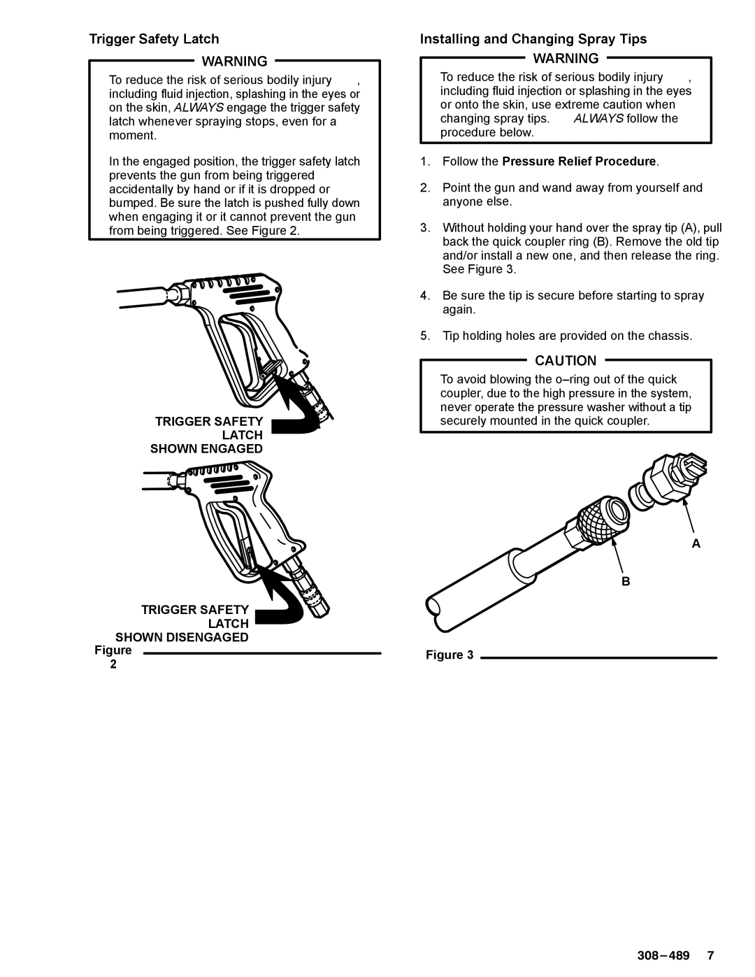 Graco Inc 308-501, 800-063, 800-062, 800-065, 800-335, 3035, 2245 manual Trigger Safety Latch, Installing and Changing Spray Tips 