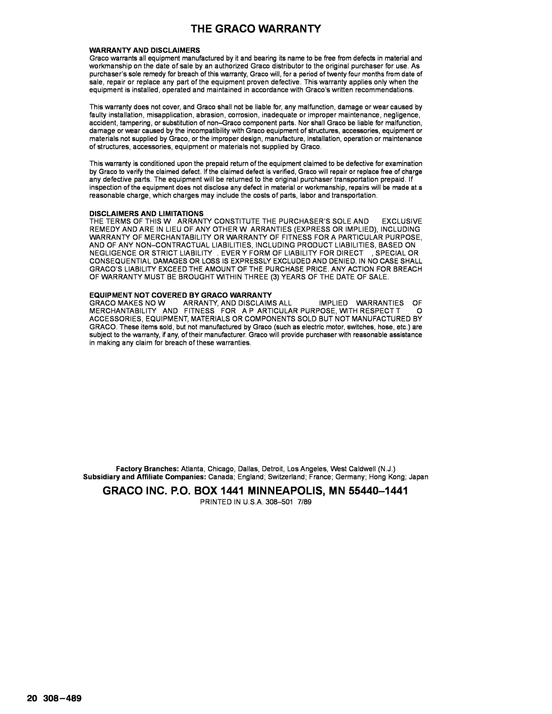 Graco Inc 2245, 308-501 The Graco Warranty, GRACO INC. P.O. BOX 1441 MINNEAPOLIS, MN,  , Warranty And Disclaimers 