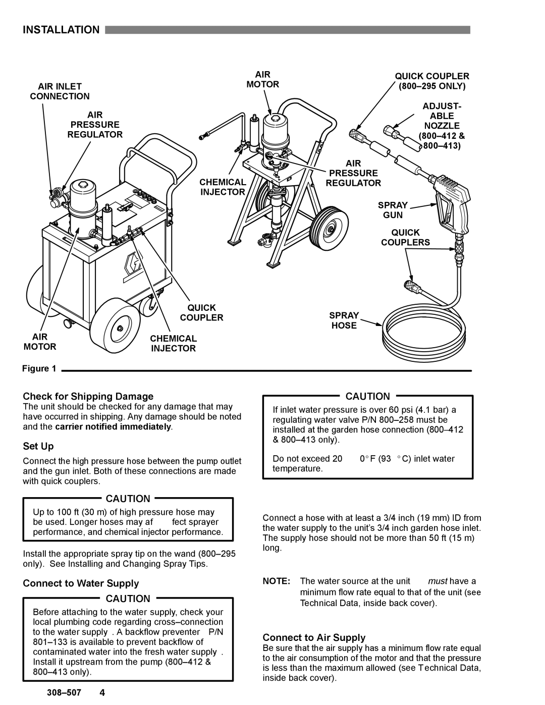 Graco Inc 308-507, 800413 Installation, Check for Shipping Damage, Set Up, Connect to Water Supply, Connect to Air Supply 