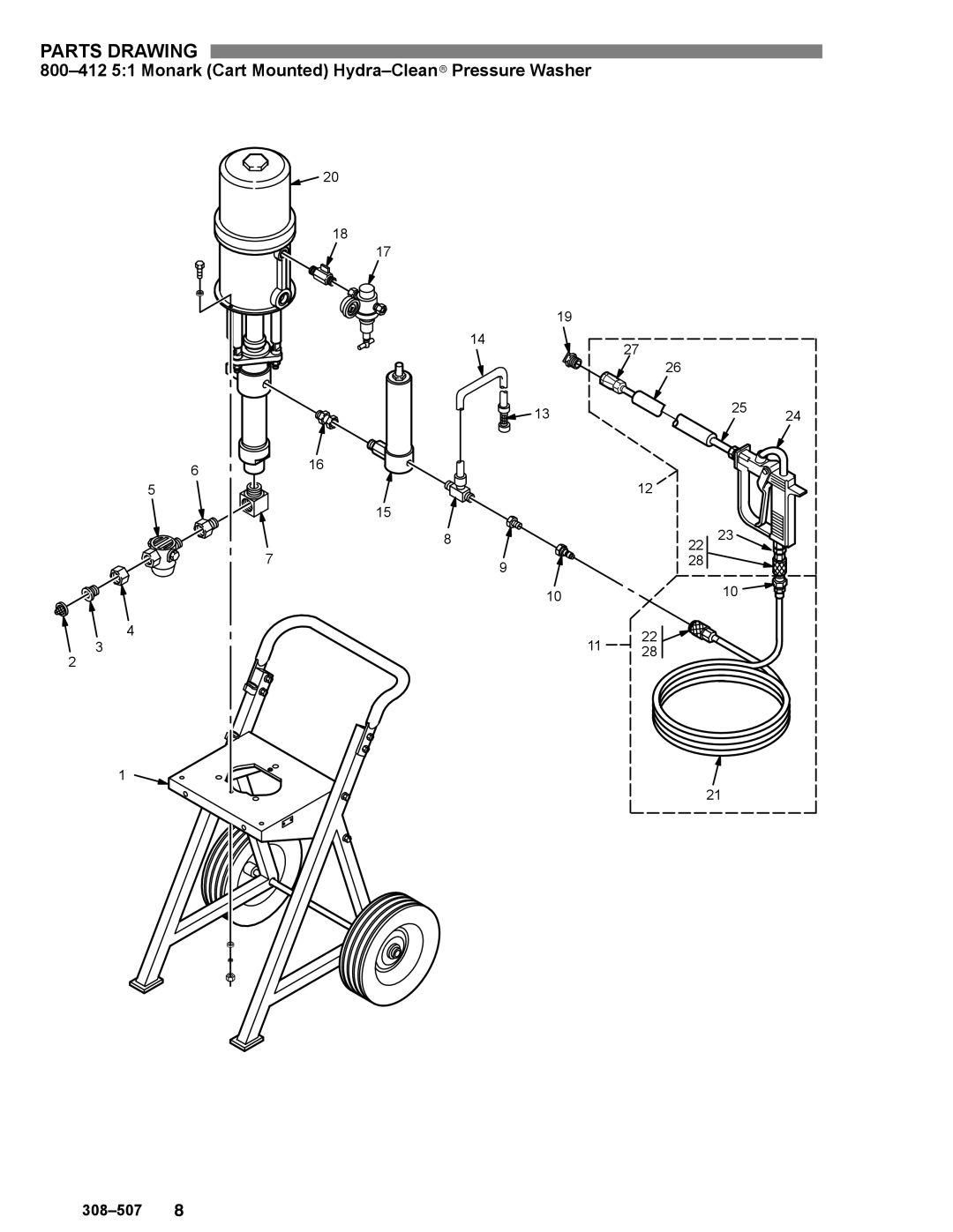 Graco Inc 308-507, 800413, 800412, 800295 manual Parts Drawing, 800-412 51 Monark Cart Mounted Hydra-CleanrPressure Washer 