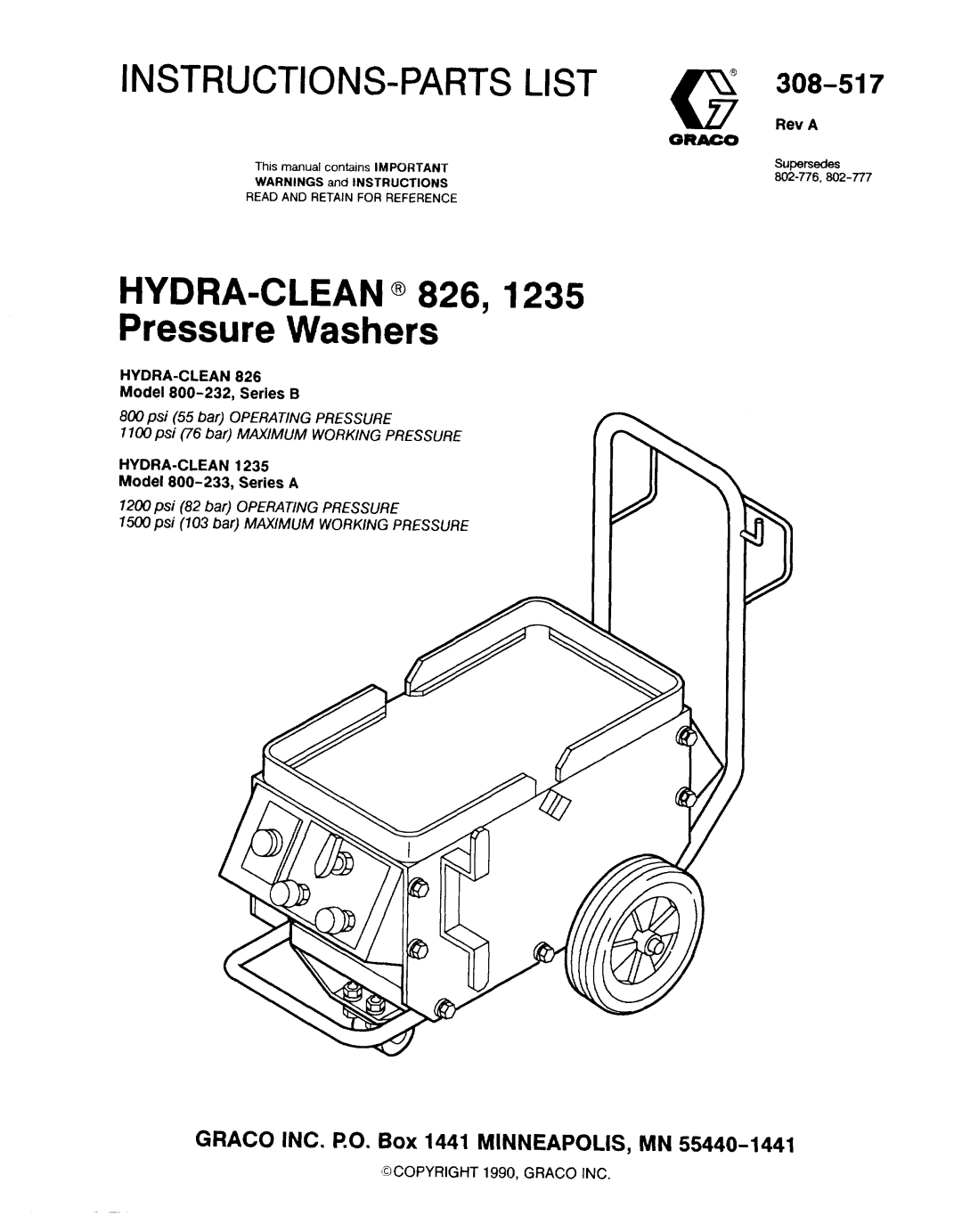 Graco Inc 308-517 manual INSTRUCTIONS-PARTS List G@, Hydra-Clean 