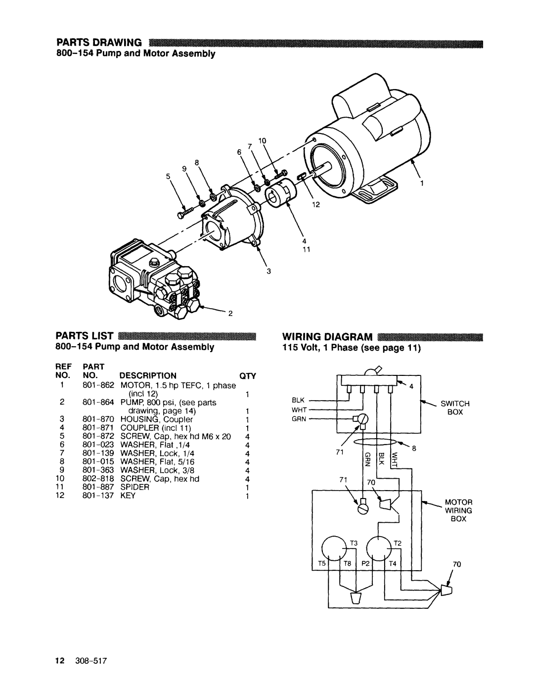 Graco Inc 308-517 manual Wiring Diagram, 800-l 54 Pump and Motor Assembly, Volt, 1 Phase see 