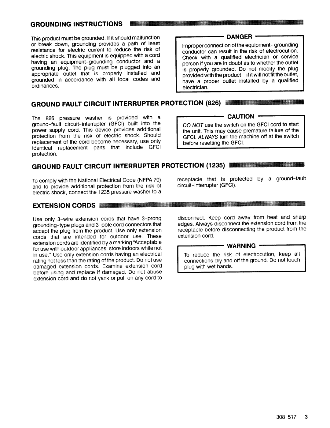 Graco Inc 308-517 manual Grounding Instructions, Ground Fault Circuit Interrupter Protection, Extension Cords 