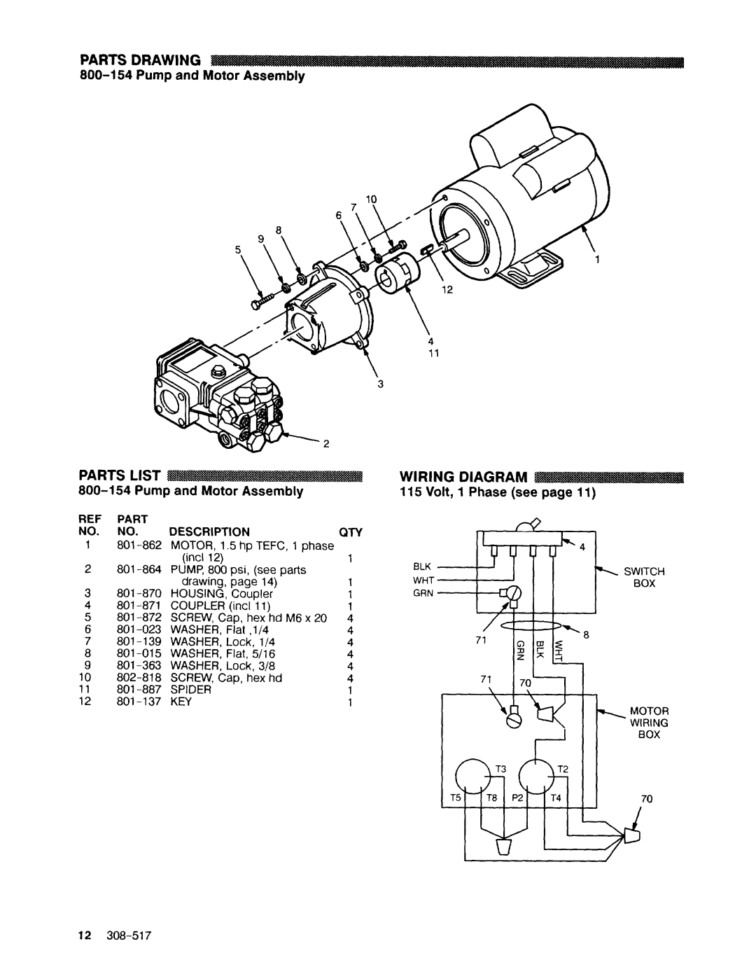 Graco Inc 308-517 Wiring Diagram, 800-l54 Pump and Motor Assembly, 800-154Pump and Motor Assembly, Volt, 1 Phase see page 
