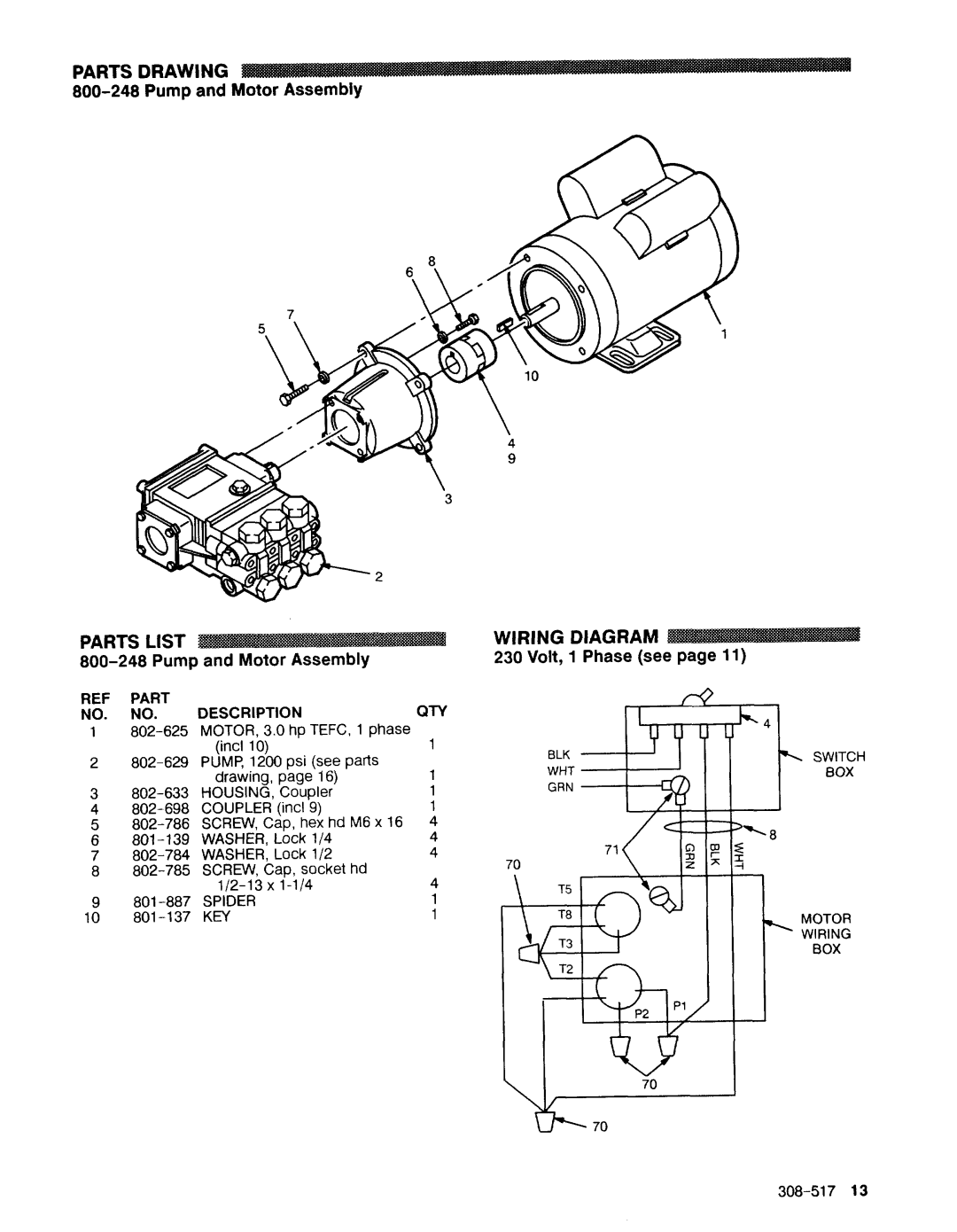 Graco Inc 308-517 800-248Pump and Motor Assembly, Fief, Volt, 1 Phase see page, Parts Drawing, Parts List, Wiring Diagram 