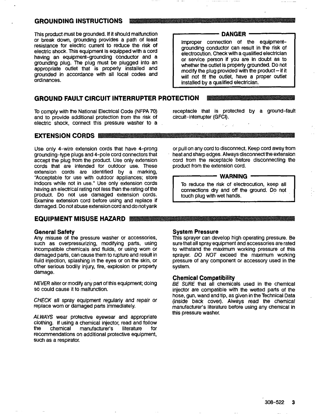 Graco Inc 308-522, 800-345, 4040 manual Ground Fault Circuit Interrupter Protection, Extension Cords, Equipment Misusehazard 