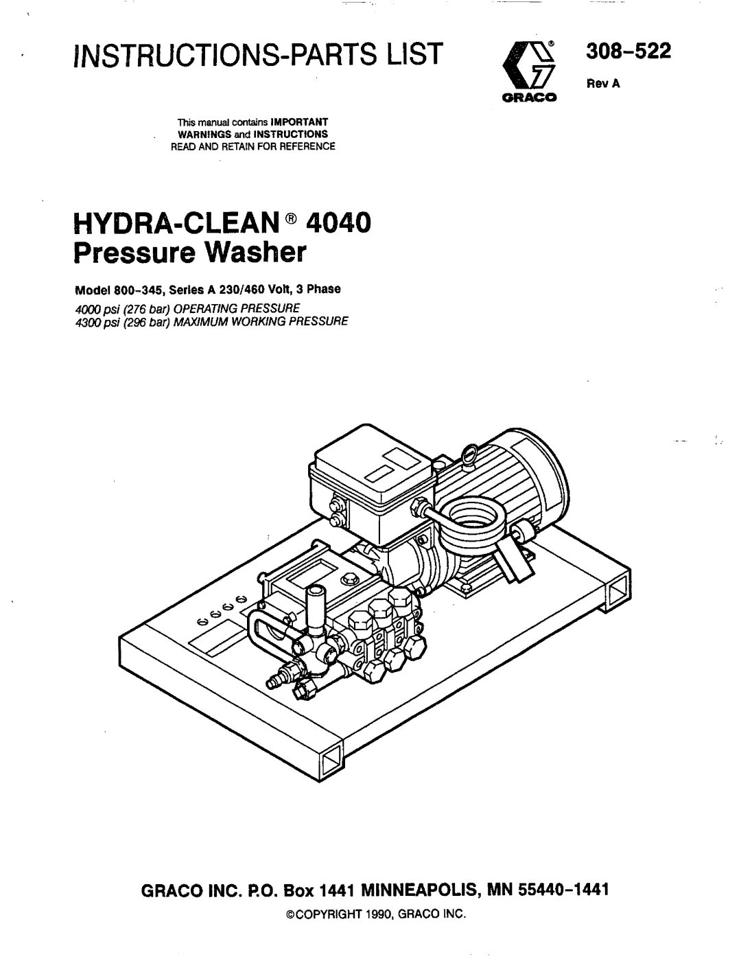 Graco Inc 800-345 manual Instructions-Partslist, HYDRA-CLEAN@ Pressure Washer, GRACO INC. RO. Box 1441 MINNEAPOLIS, MN 