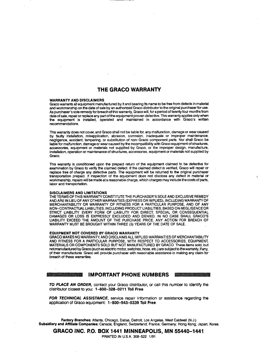 Graco Inc 800-345, 308-522, 4040 manual The Gracowarranty, Important Phone Numbers, GRACO INC. PO.BOX 1441 MINNEAPOLIS,MN 