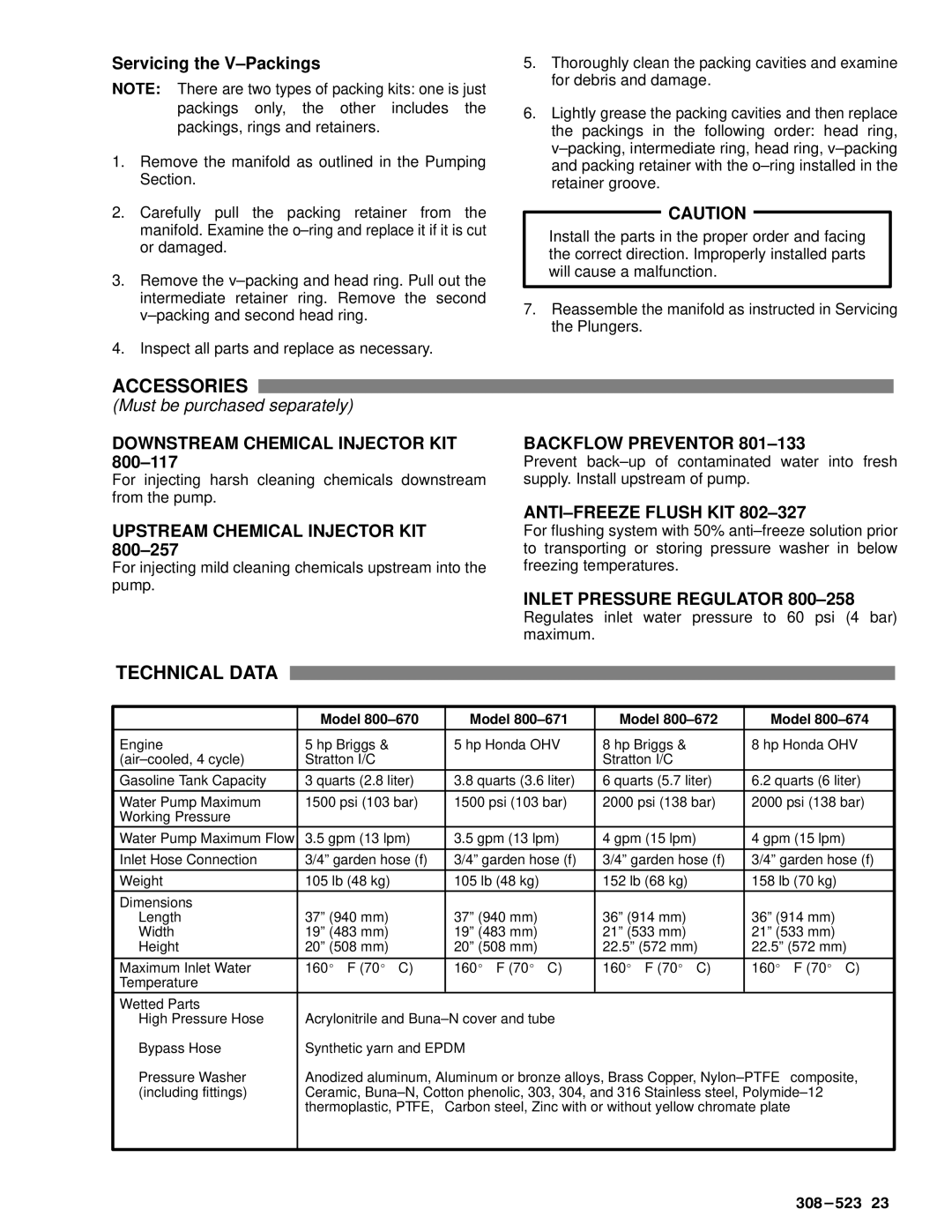 Graco Inc 800-671, 308-523, 800-672, 800-674, 800-670 manual Accessories, Technical Data, Servicing the V±Packings 